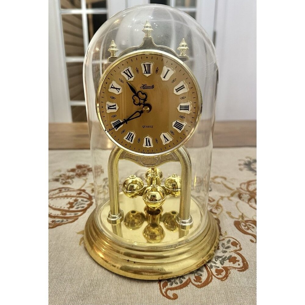 Vintage HERMLE Quartz Anniversary Clock Gold Tone Glass Dome Germany